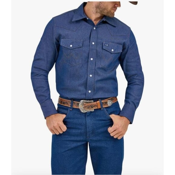 Wrangler New Shirt Mens Size 16 1/2 Pearl Snap Western Cowboy Denim Chambray - Picture 1 of 16